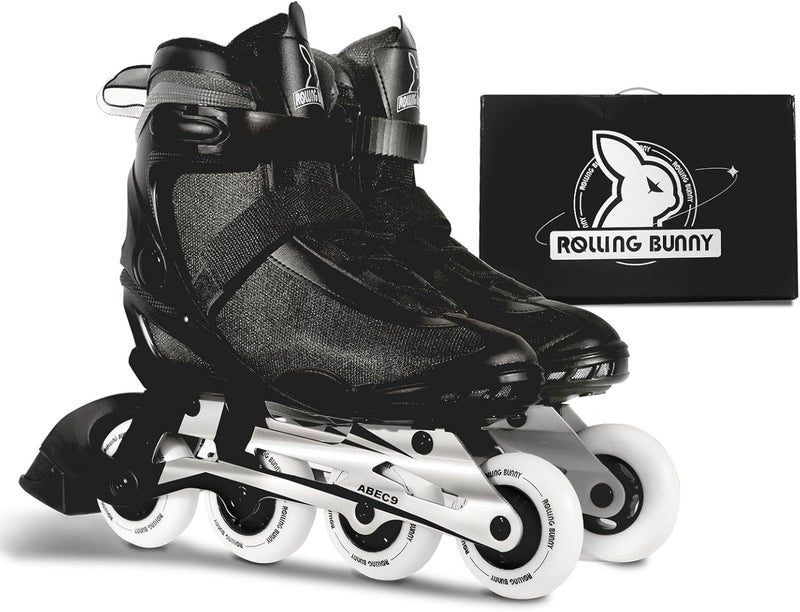 RollingBunny Inline Skates PRO for Adult Women - ABEC-9 Bearing with Breathable Lining for Male Female, Optional Brake, Size W 6-9, Black - Image 4